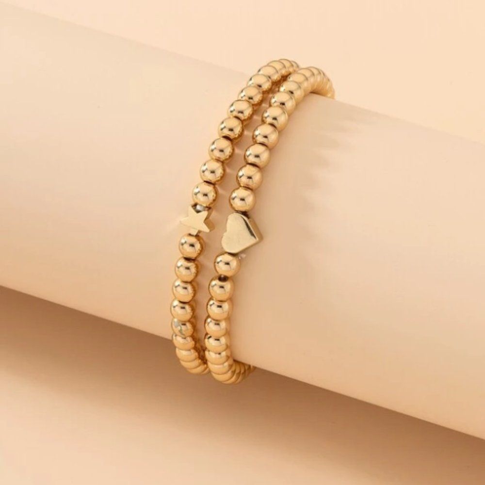 7/$35 Set Of 2 Gold Bead Stretchy Bracelets Heart and Star Bracelets - Picture 2 of 5